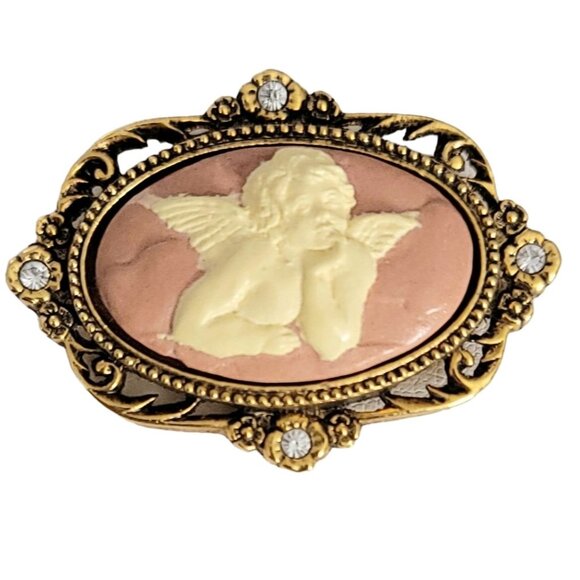 The Vatican Library Collection Angel Cherub Faux Cameo Rhinestone Oval Brooch - Picture 2 of 7